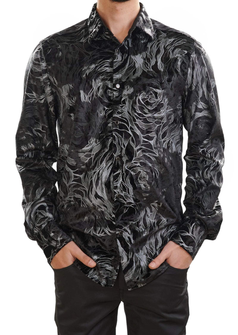 Black Swirl Floral Velvet Shirt MONDO Menswear Black Swirl Floral Velvet Shirt MONDO Menswear