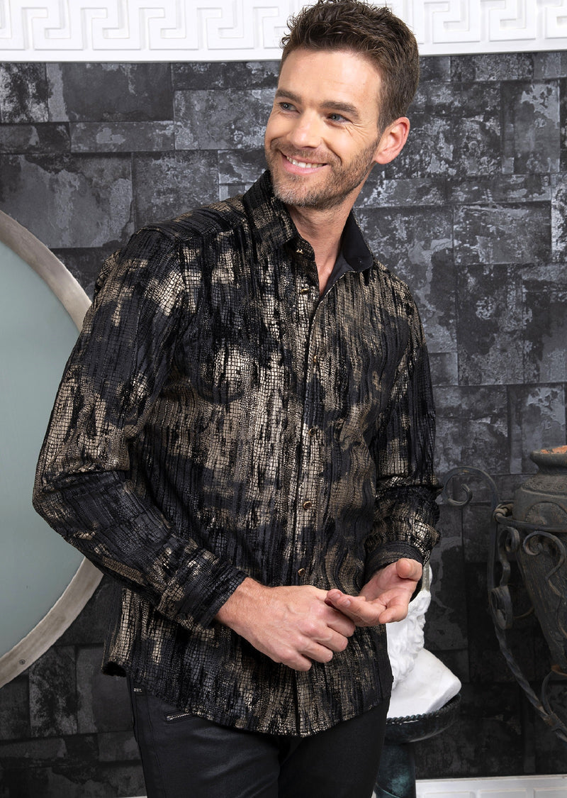 Black Gold Crush Velvet Shirt L / Black / Cotton/Poly/Lycra Black Gold Crush Velvet Shirt L / Black / Cotton/Poly/Lycra
