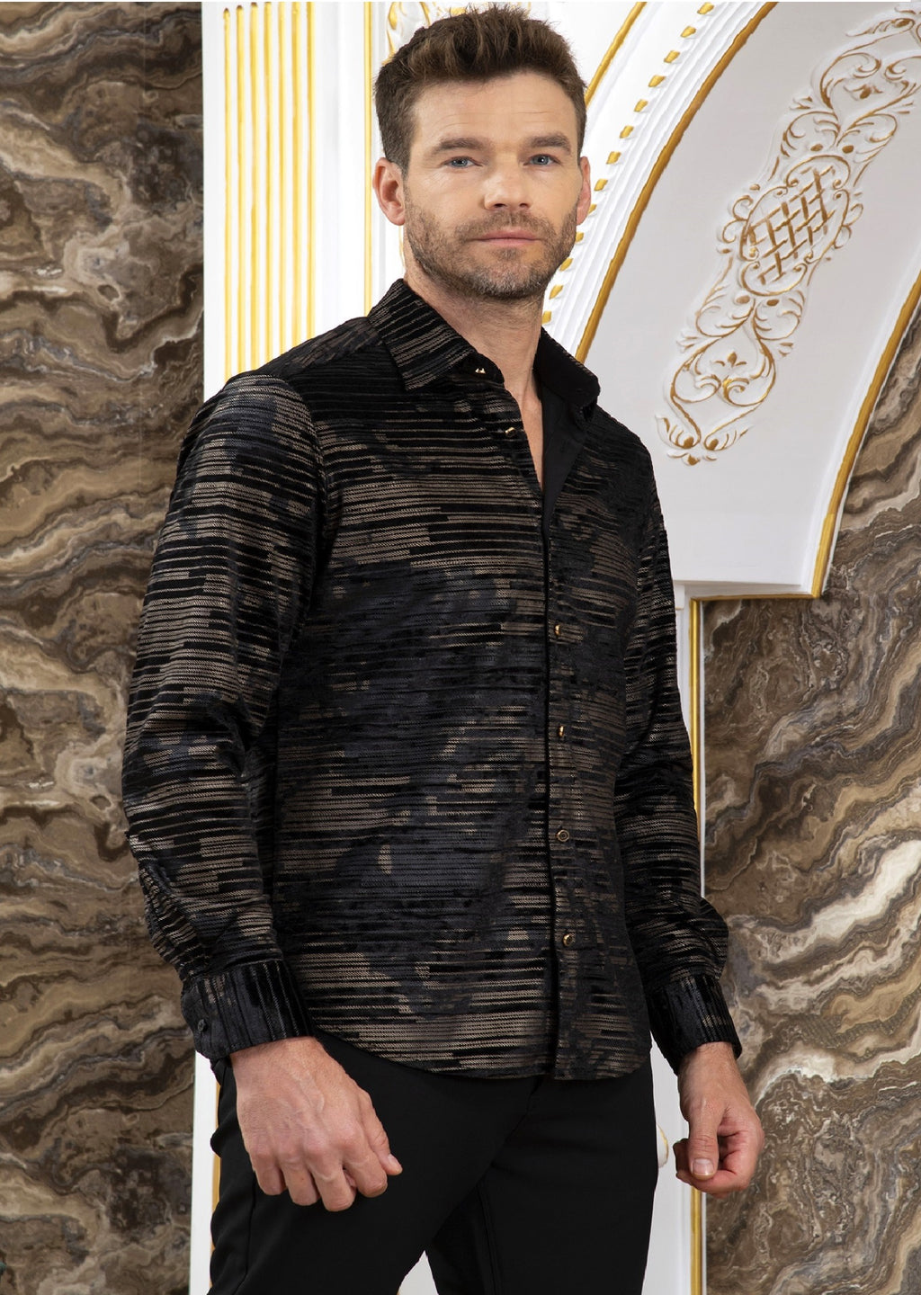 Black Gold Thin Line Velvet Shirt 3XL / Black / Cotton/Poly/Lycra Black Gold Thin Line Velvet Shirt 3XL / Black / Cotton/Poly/Lycra