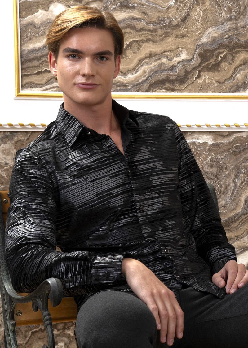 Black Silver Thin Line Velvet Shirt