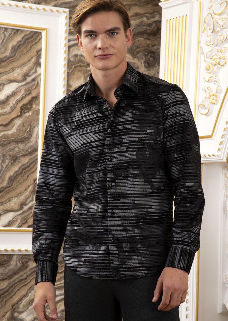 Black Silver Thin Line Velvet Shirt MONDO Menswear