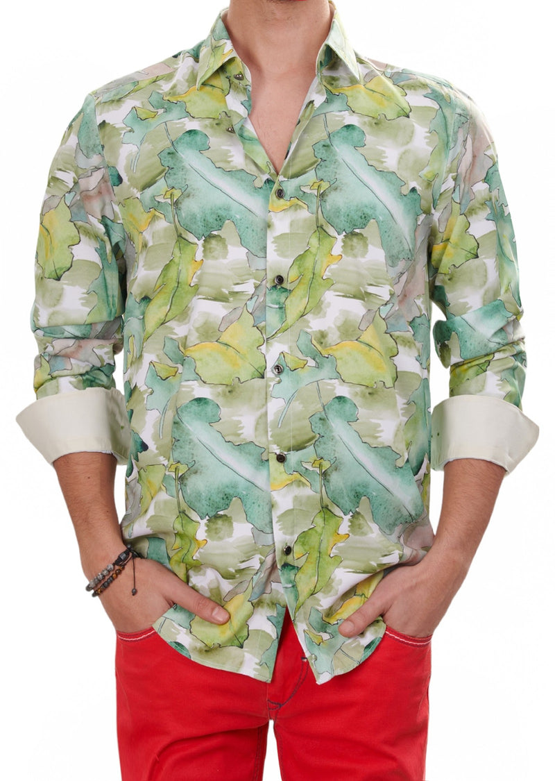 Green Beige Leaf Silky Shirt