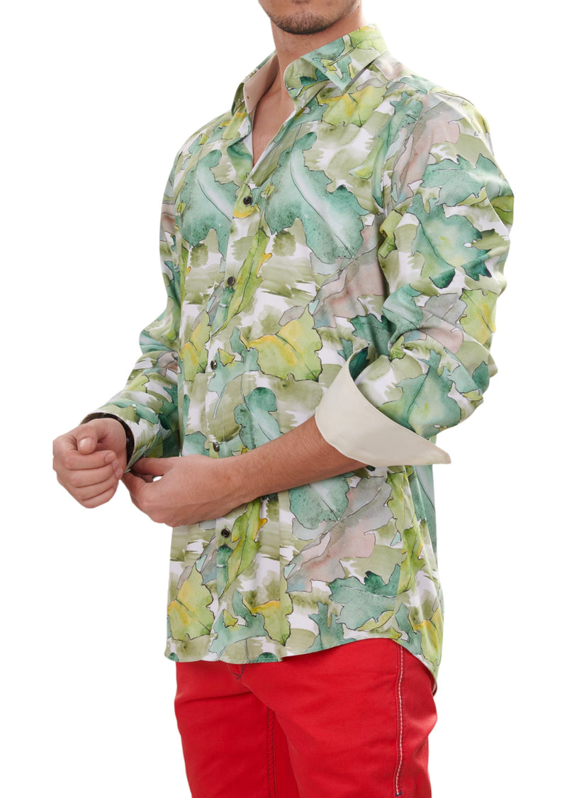 Green Beige Leaf Silky Shirt