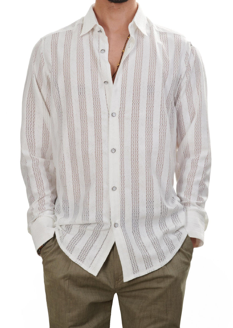 White Tonal Stripe Lace Shirt