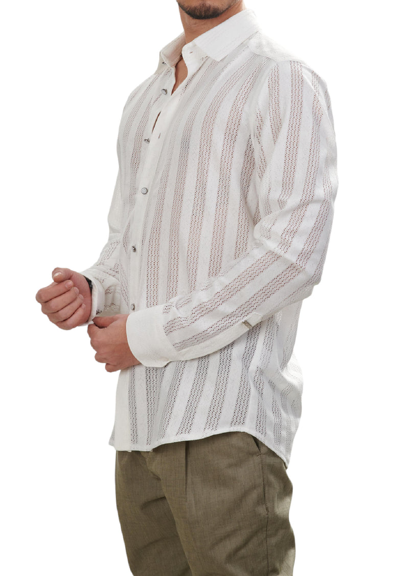 White Tonal Stripe Lace Shirt