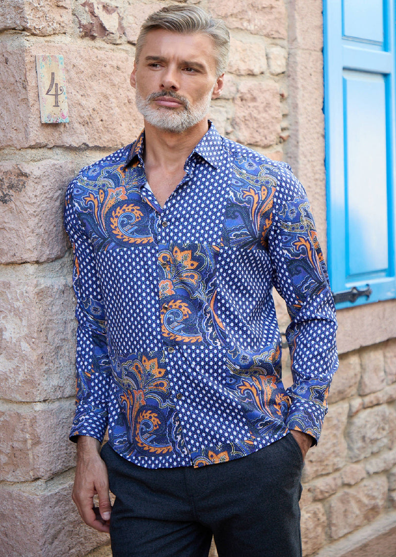 Royal Blue Luxe Paisley Silky Shirt