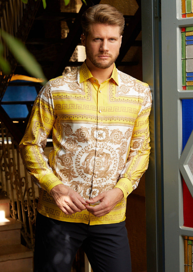 Yellow White Baroque Silky Shirt