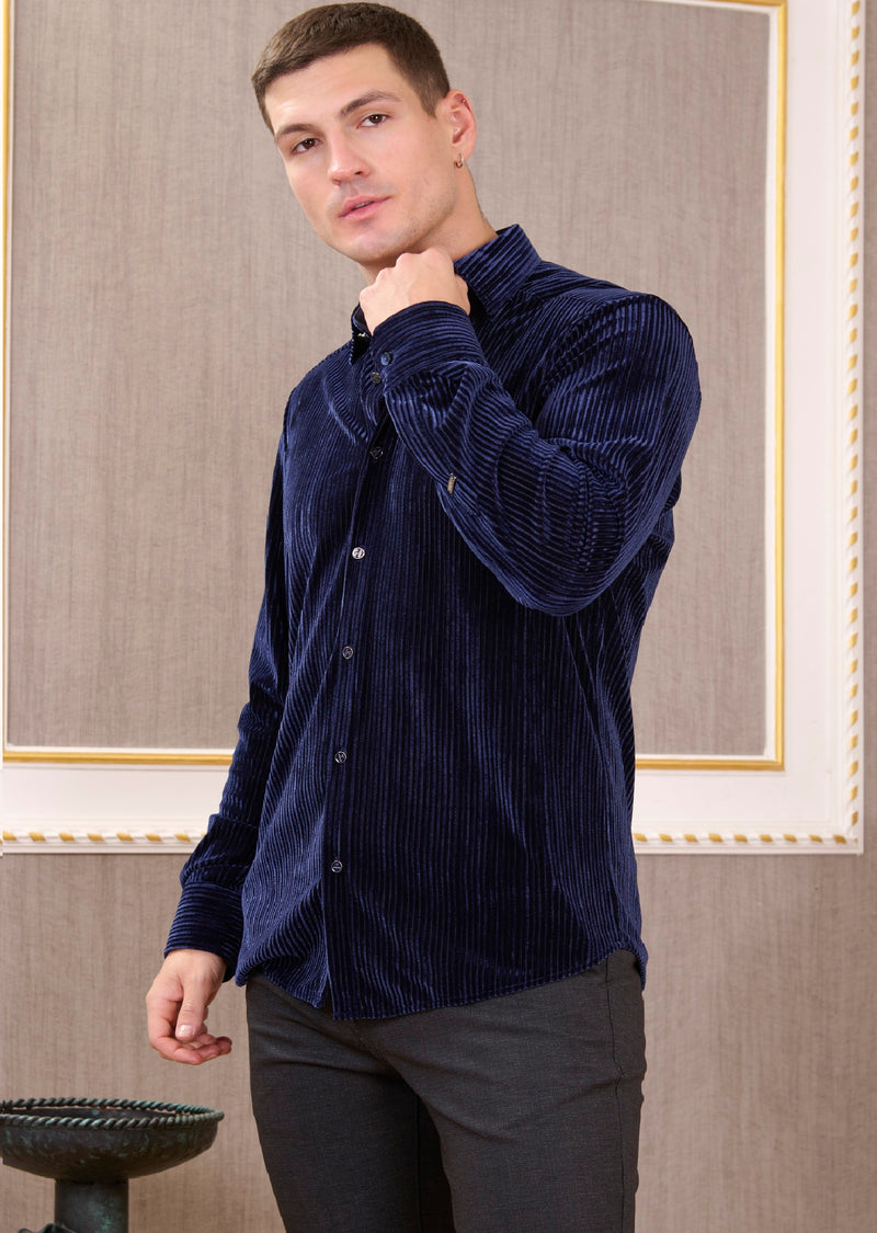 Navy Tonal Stripe Velvet Shirt MONDO Menswear Navy Tonal Stripe Velvet Shirt MONDO Menswear
