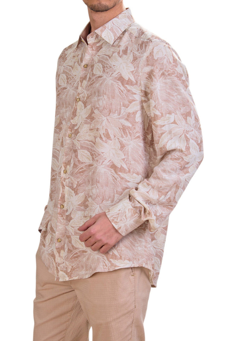Beige Floral Linen Blend Shirt