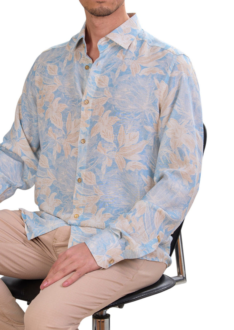 Blue Floral Linen Blend Shirt