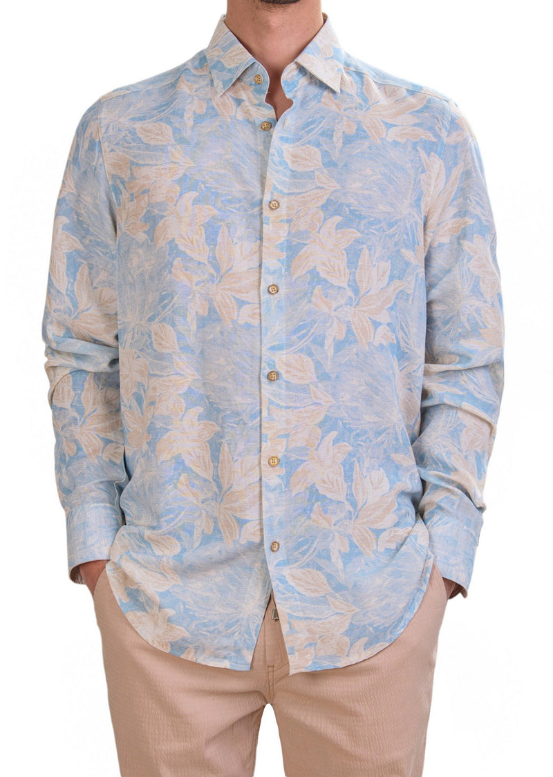 Blue Floral Linen Blend Shirt