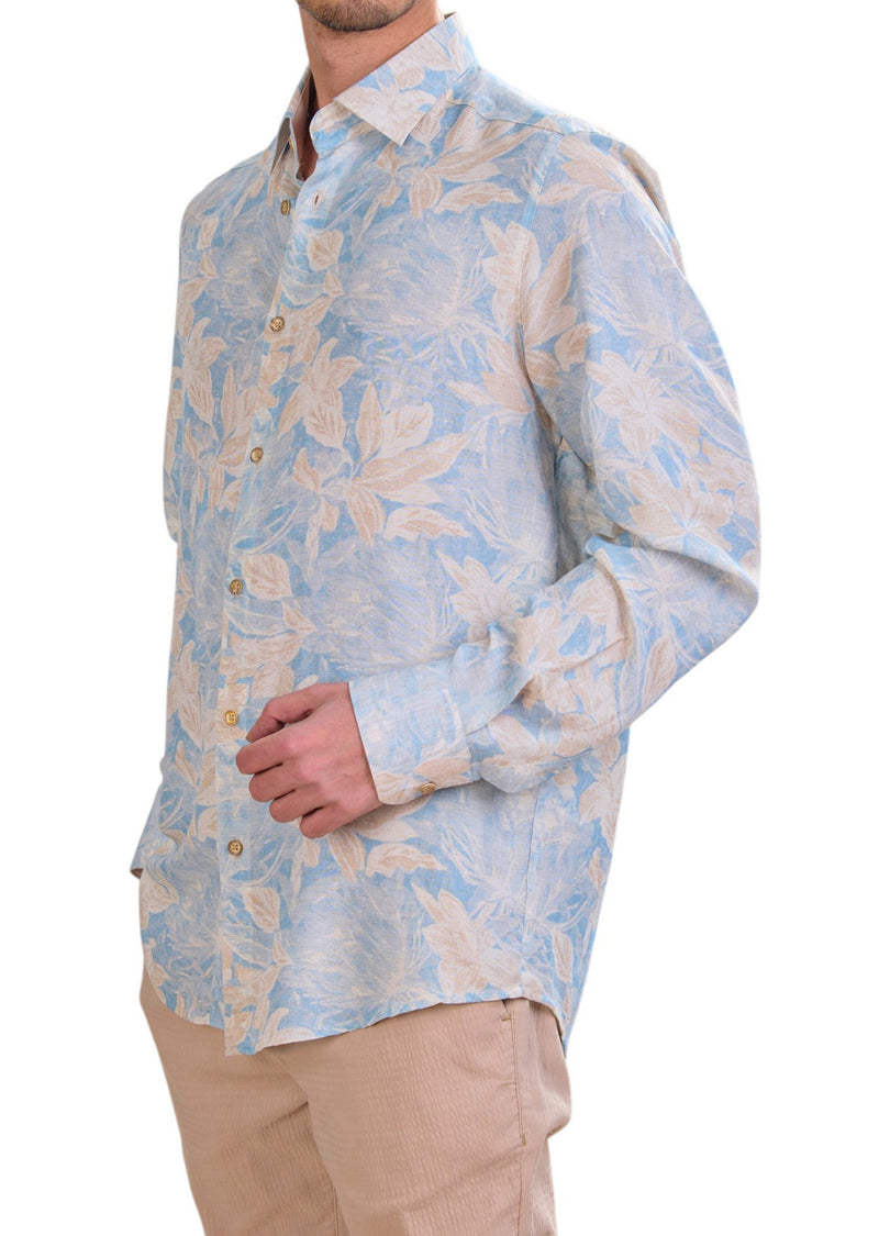 Blue Floral Linen Blend Shirt