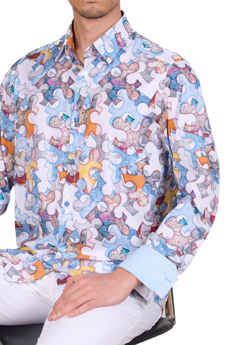 White Blue Puzzle Silky Shirt