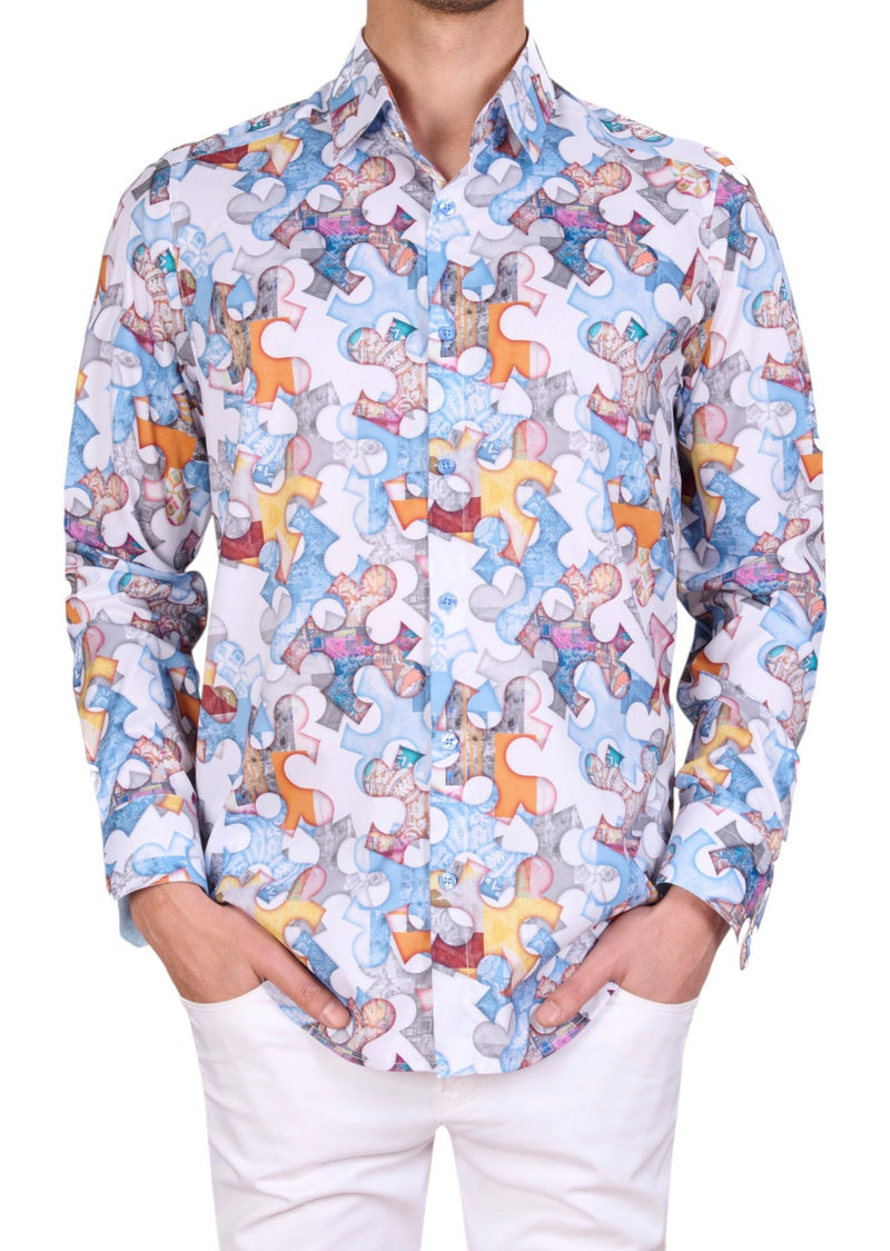 White Blue Puzzle Silky Shirt