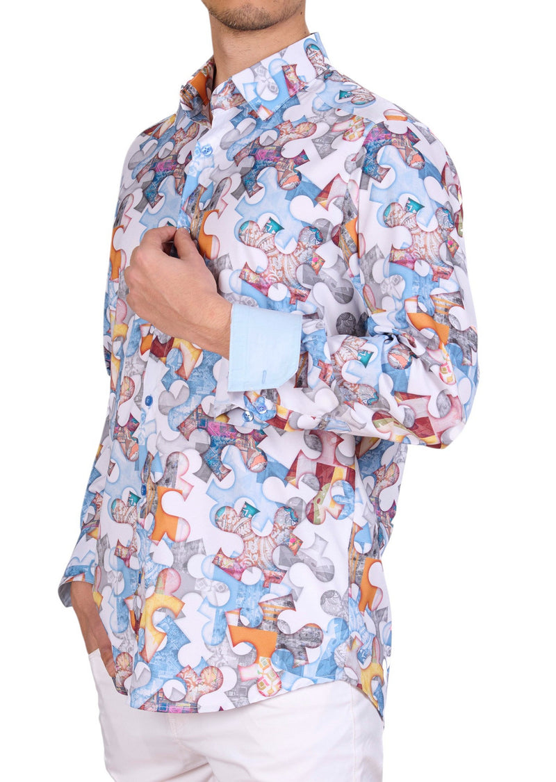 White Blue Puzzle Silky Shirt