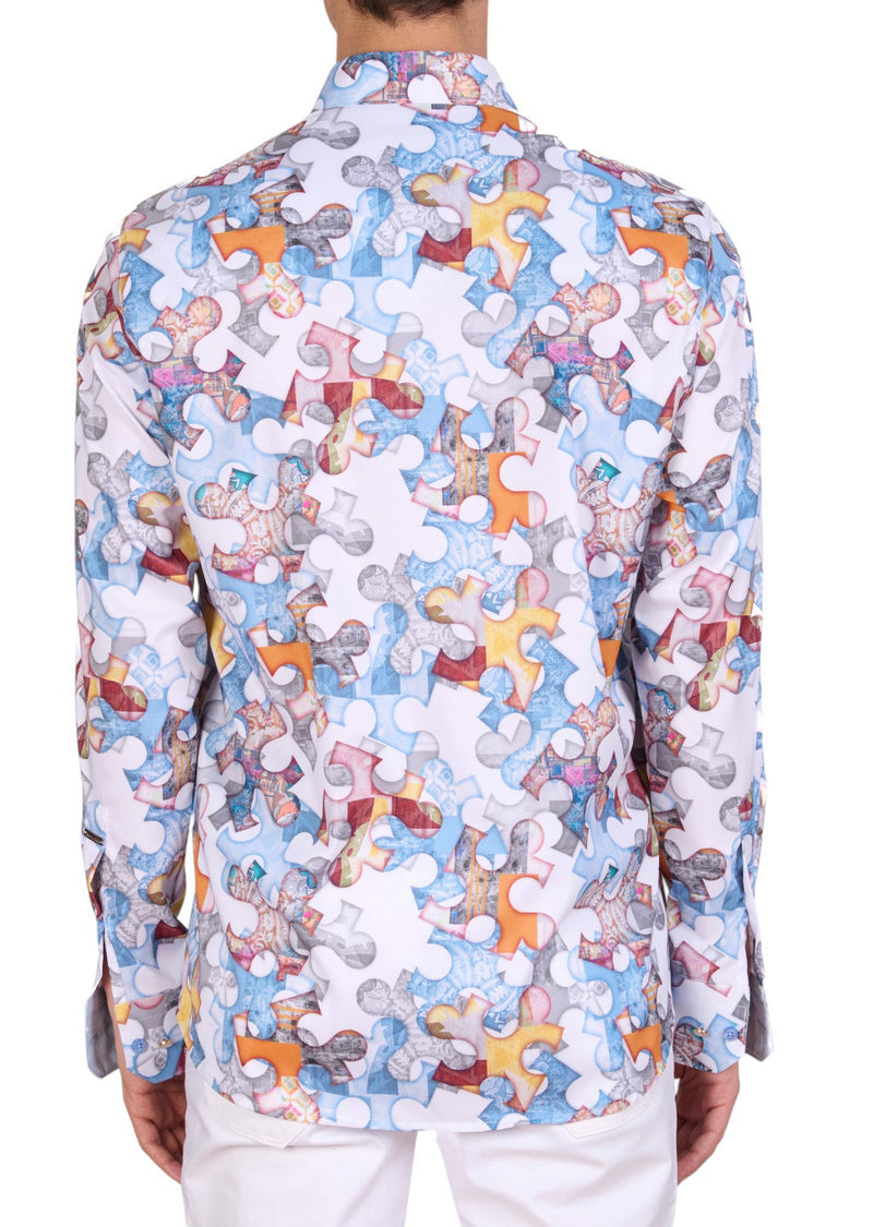 White Blue Puzzle Silky Shirt