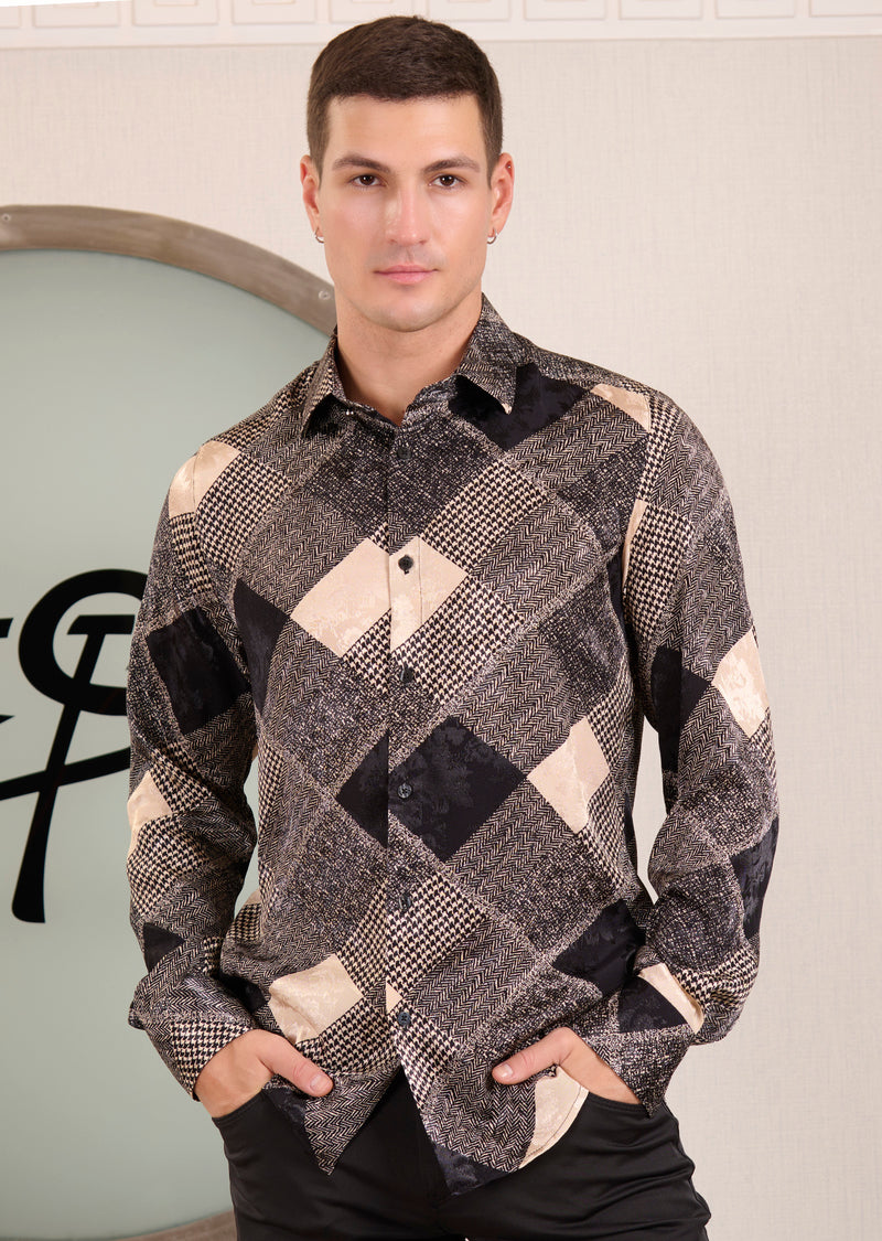 Black Beige Mix Pattern Jacquard Shirt
