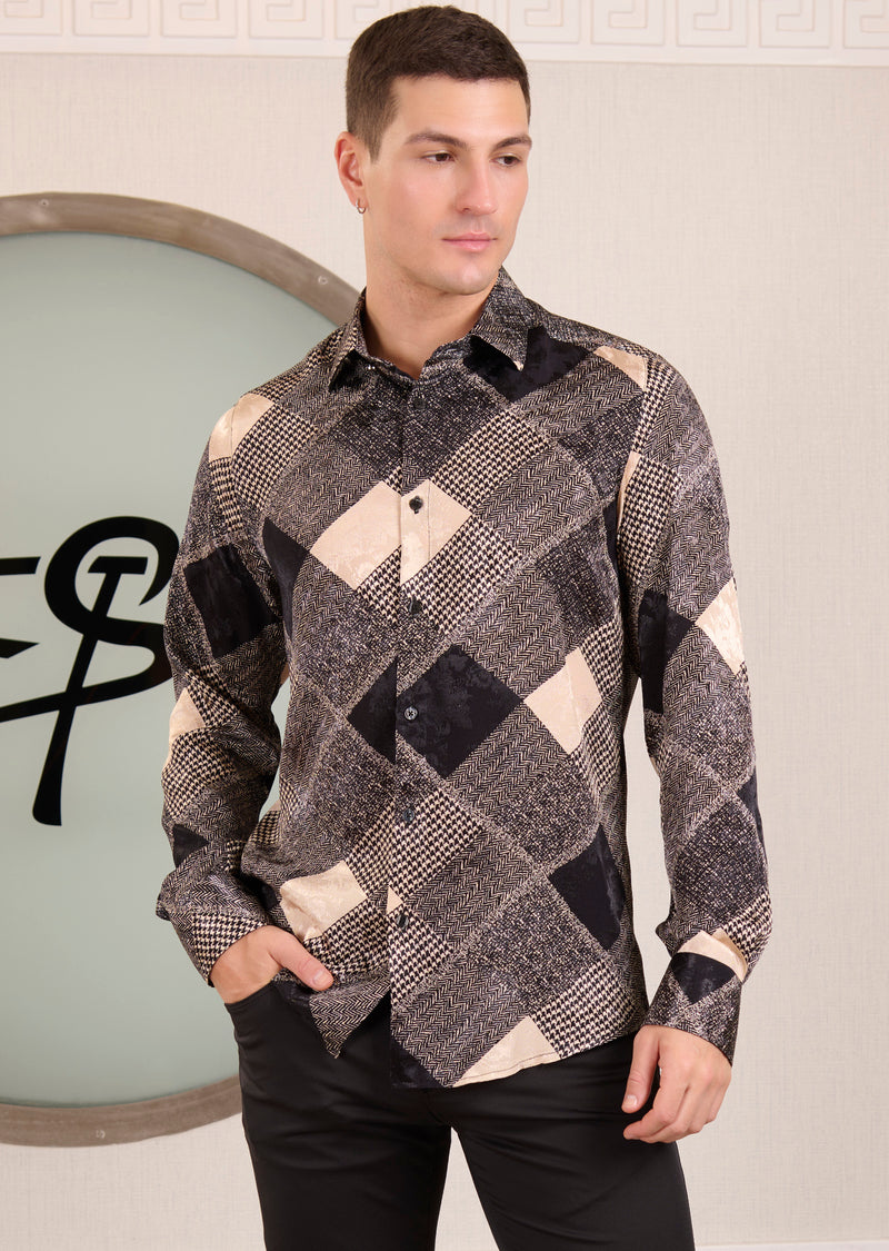 Black Beige Mix Pattern Jacquard Shirt