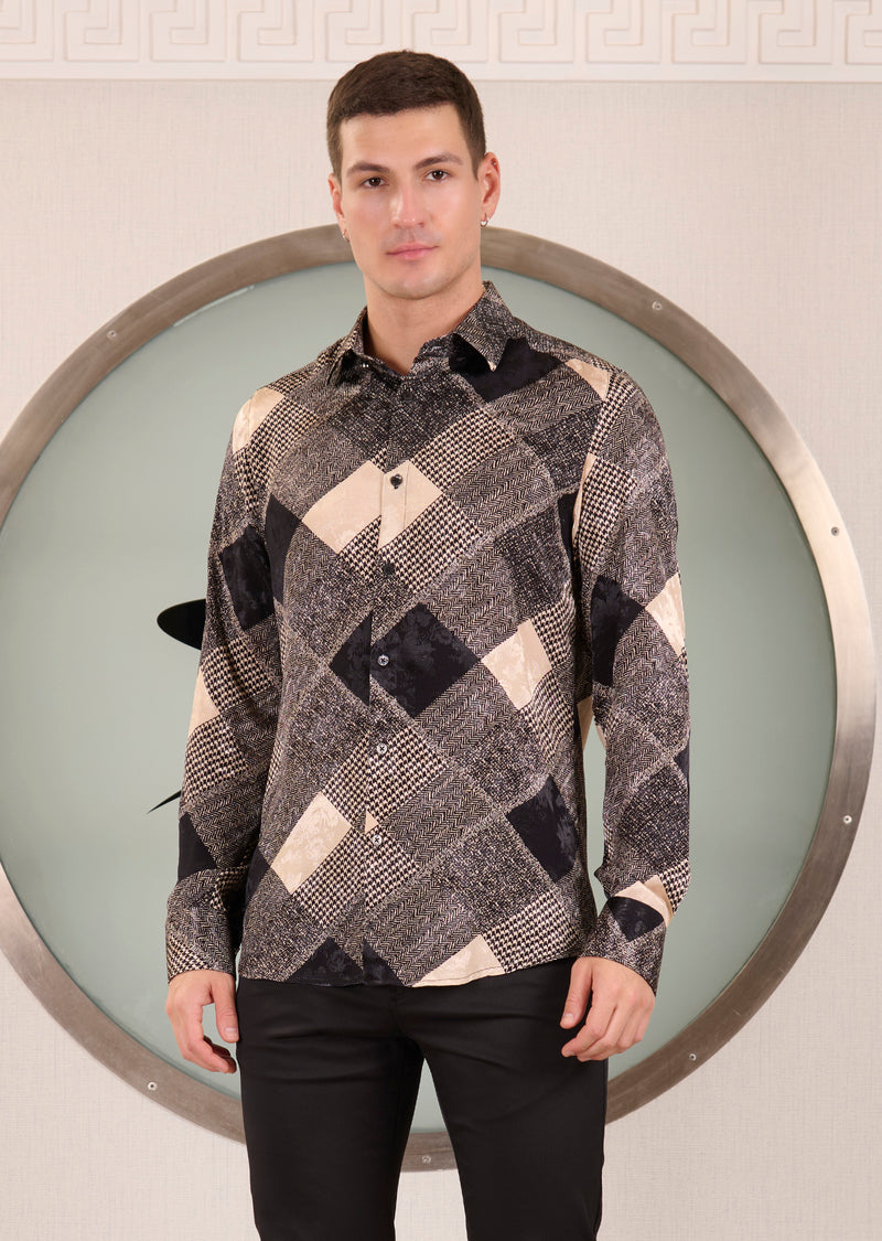 Black Beige Mix Pattern Jacquard Shirt