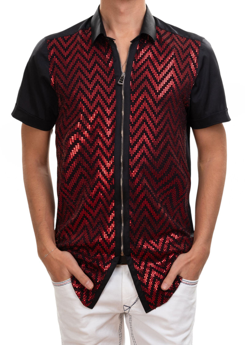 Black Red Zigzag Sequin Stretch Shirt