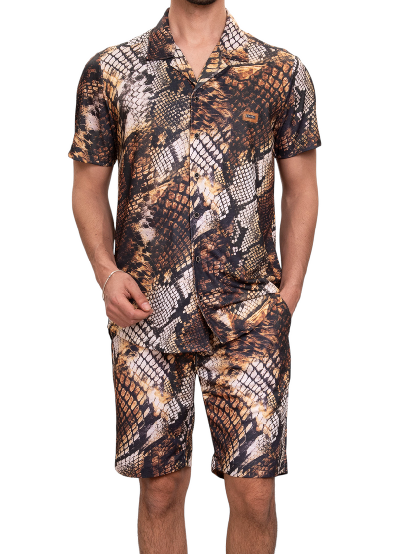 Brown Leopard Camp Shirt & Shorts Set
