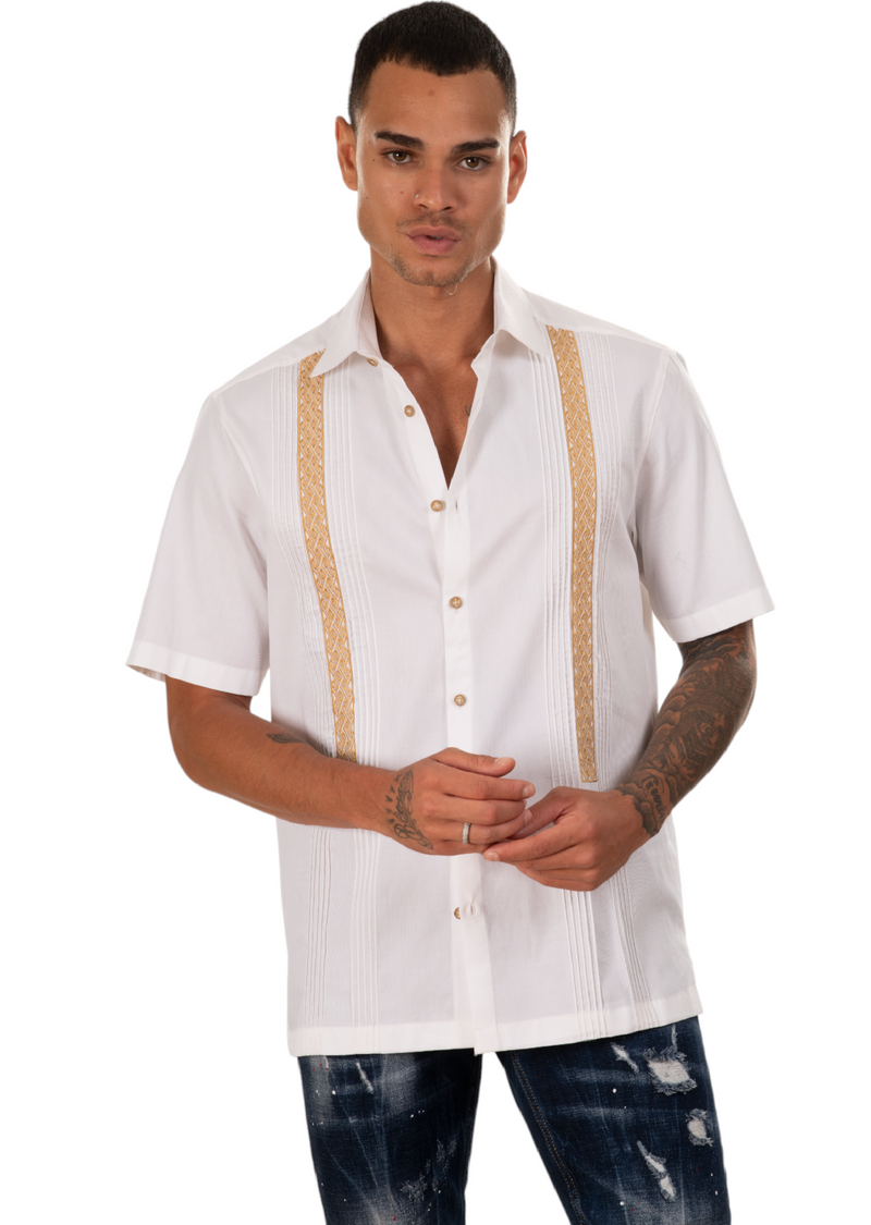 White Gold Embroidered Guayabera Shirt