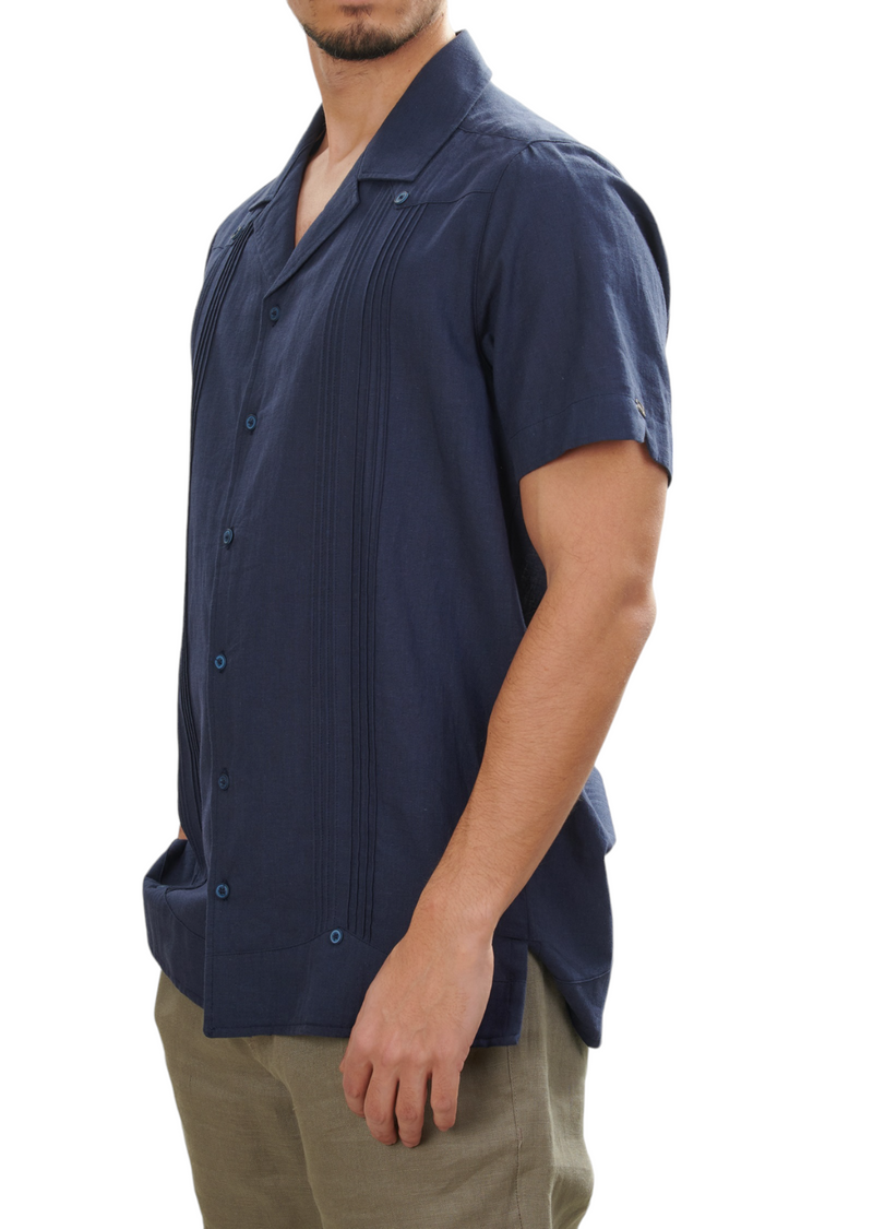 Navy Linen No Pocket Guayabera Shirt