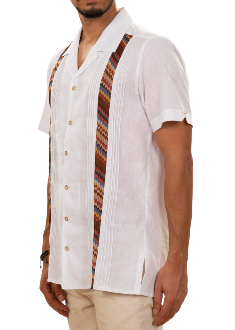 White Zigzag Contrast Guayabera Shirt