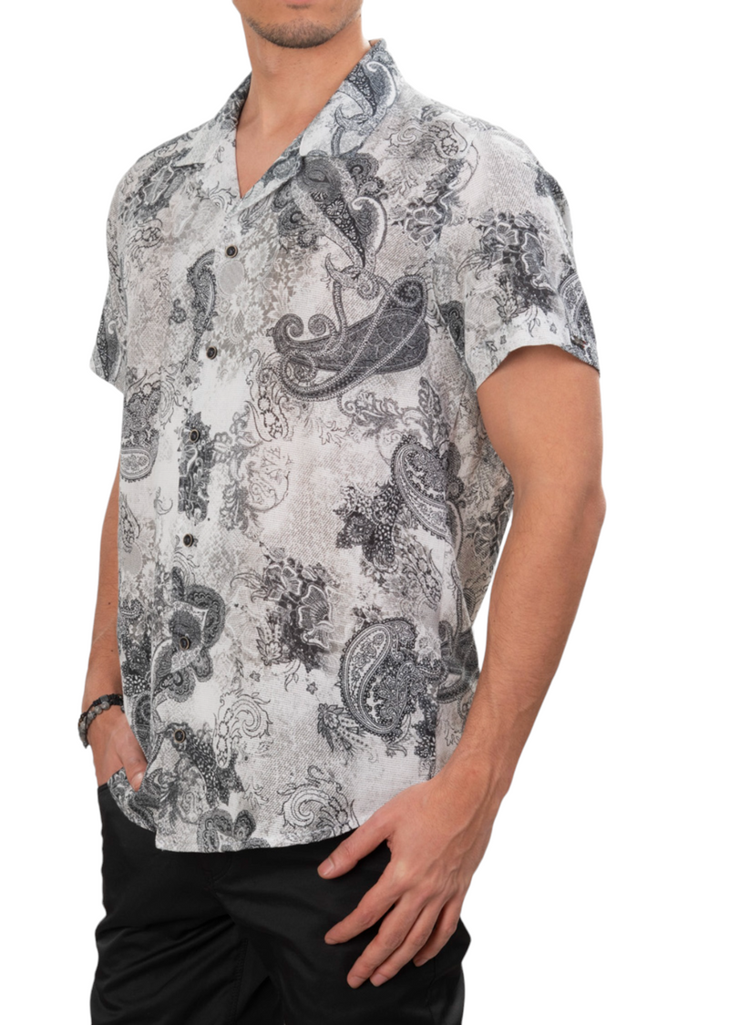 Black Paisley Linen Blend Shirt