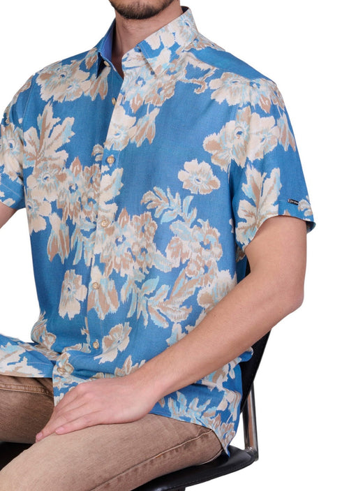 Blue Beige Floral Cotton Shirt