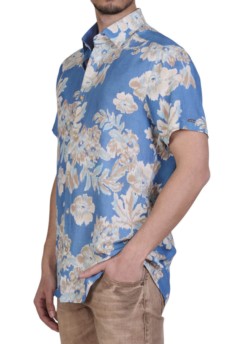 Blue Beige Floral Cotton Shirt