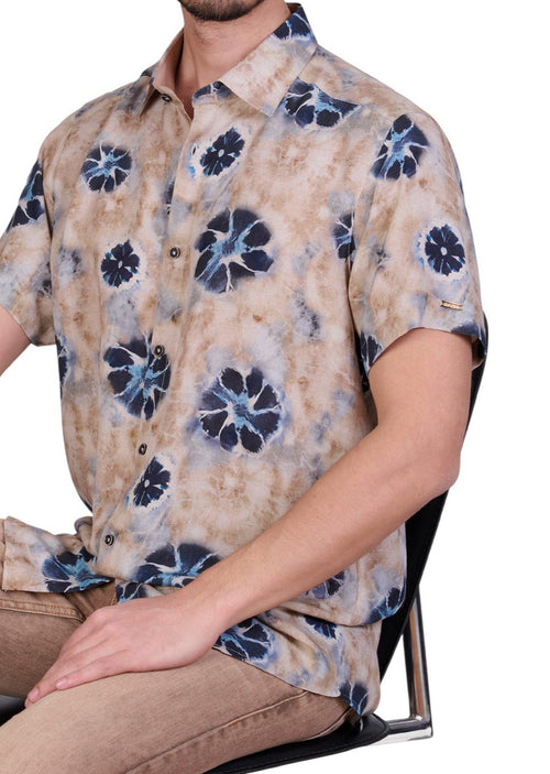 Beige Blue Floral Cotton Shirt