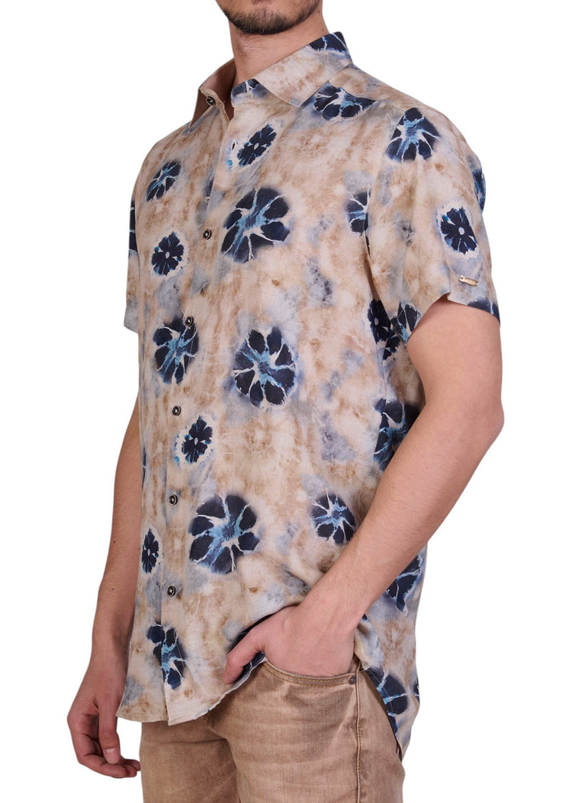 Beige Blue Floral Cotton Shirt