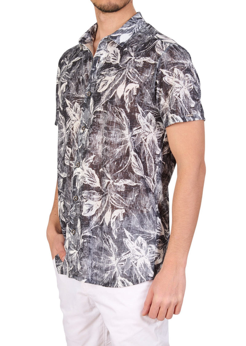 Black White Floral Linen Blend Shirt