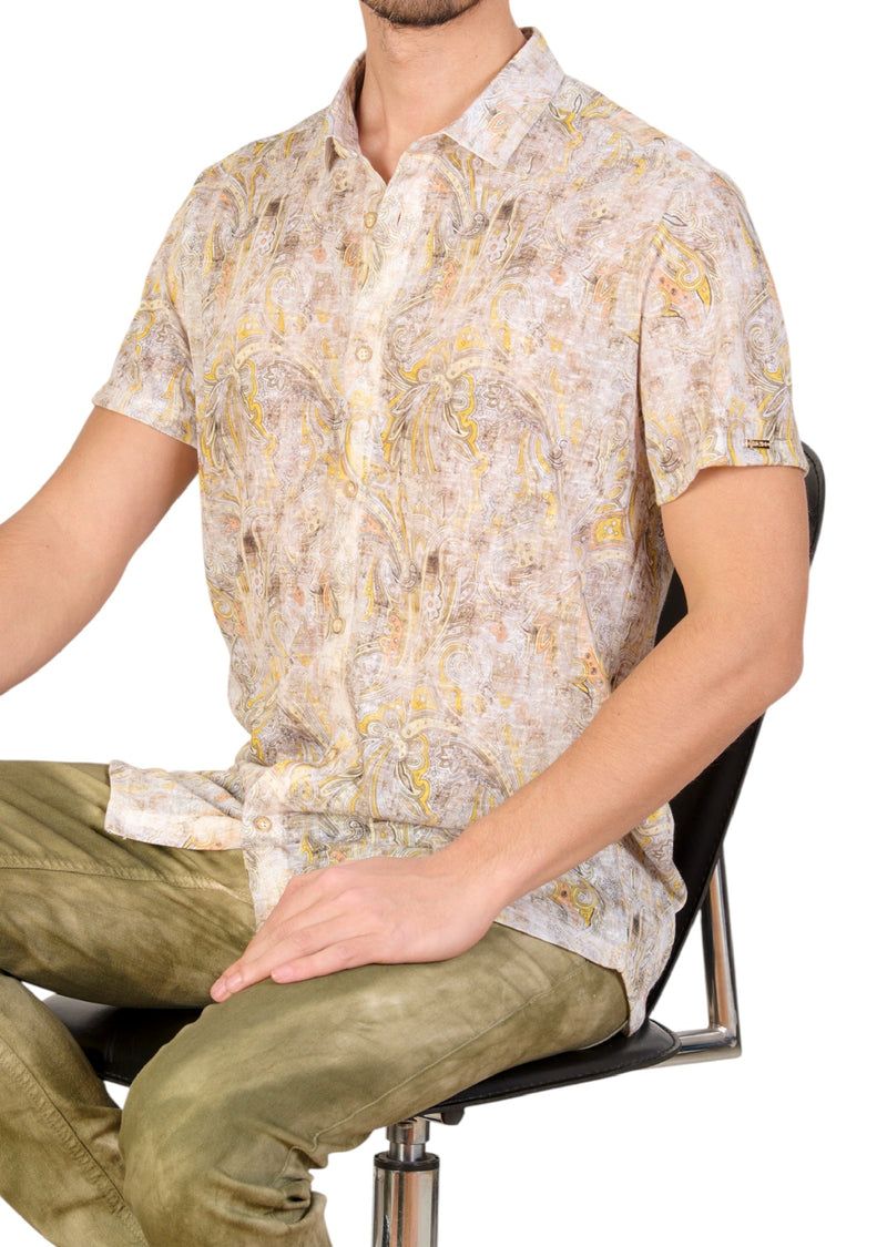 Beige Paisley Linen Blend Shirt
