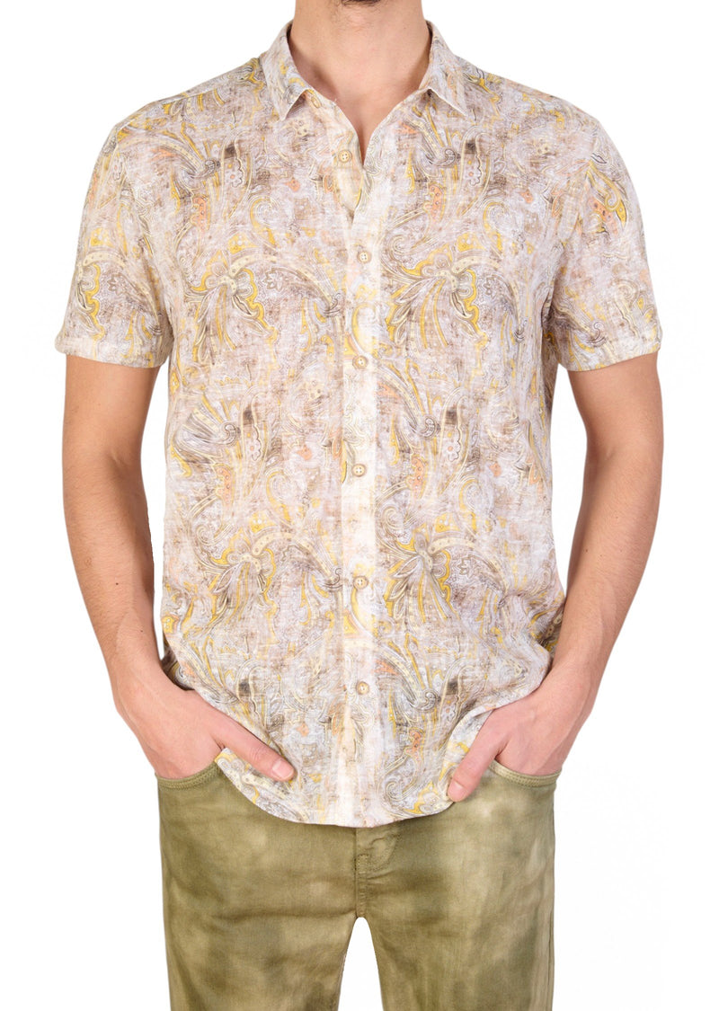Beige Paisley Linen Blend Shirt