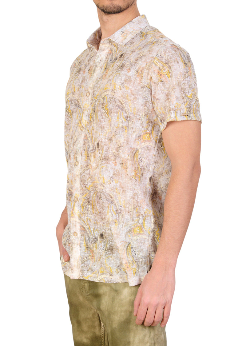 Beige Paisley Linen Blend Shirt