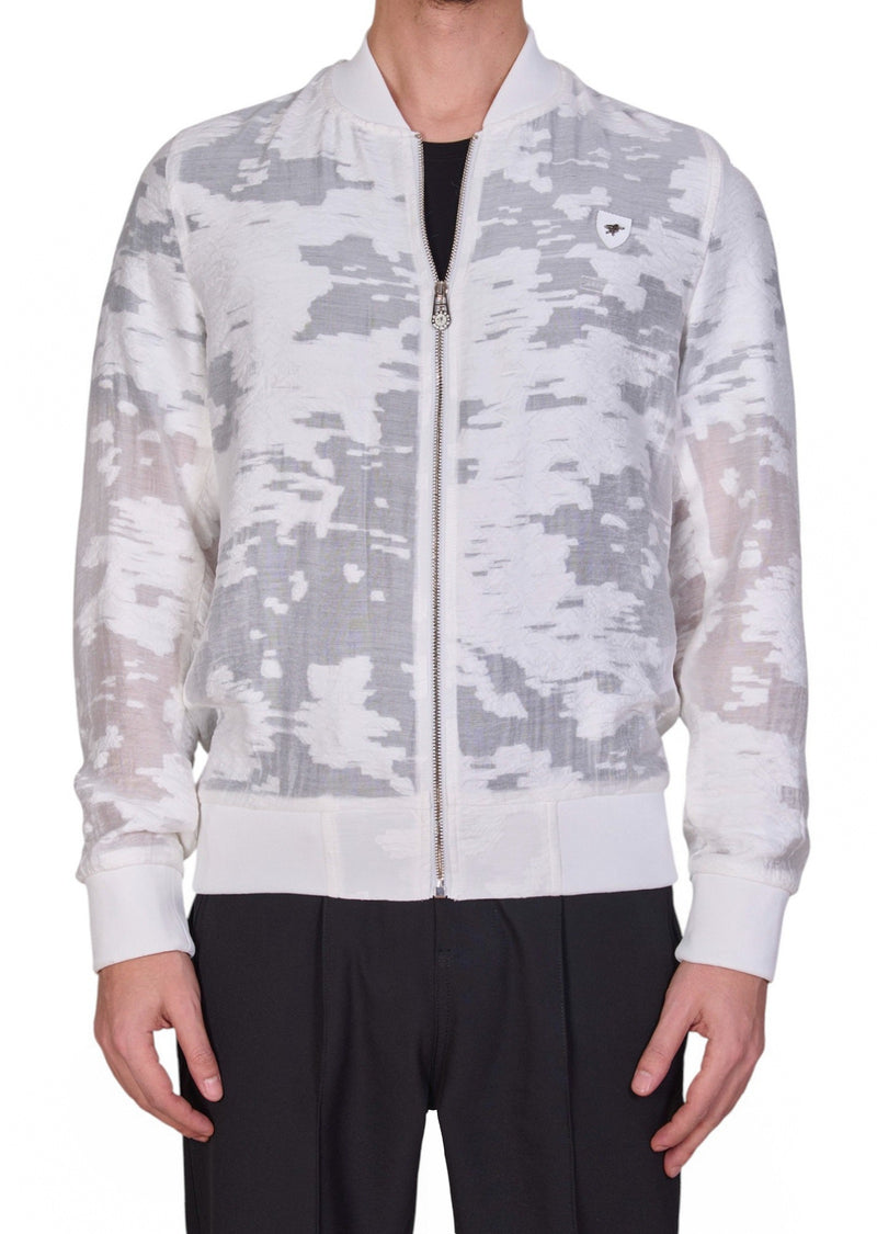 White Sheer Abstract Bomber Jacket