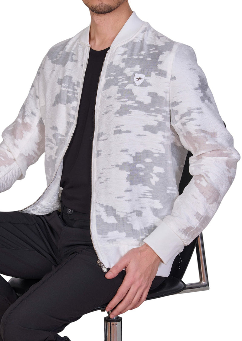White Sheer Abstract Bomber Jacket