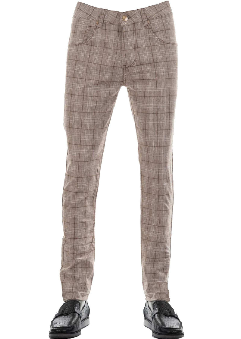 Brown Plaid Linen Stretch Pants