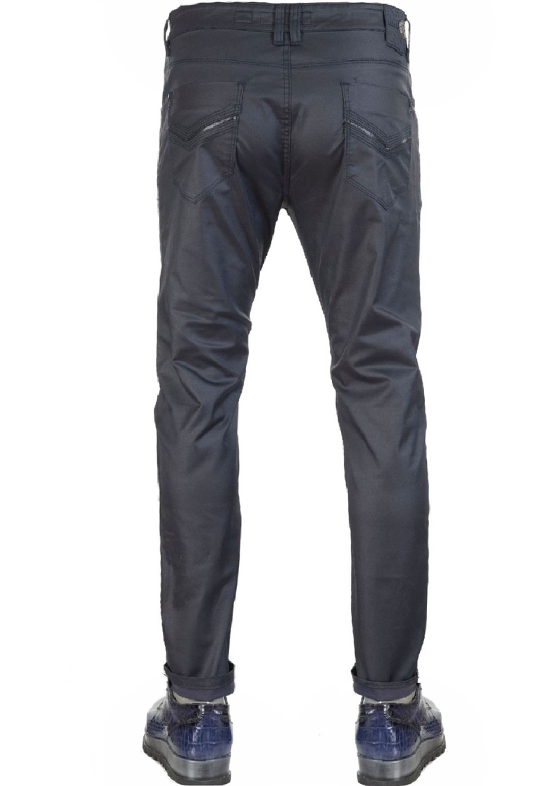 Navy Eyelit Detailed Waxed Pants