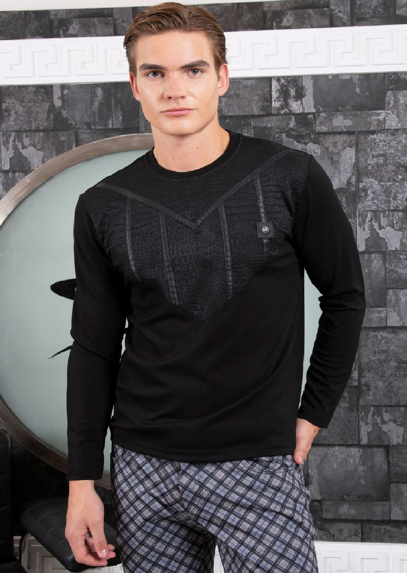Black Jacquard V-Shape Knit Tee