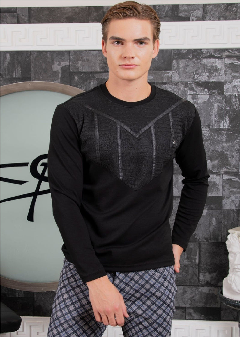 Black Jacquard V-Shape Knit Tee