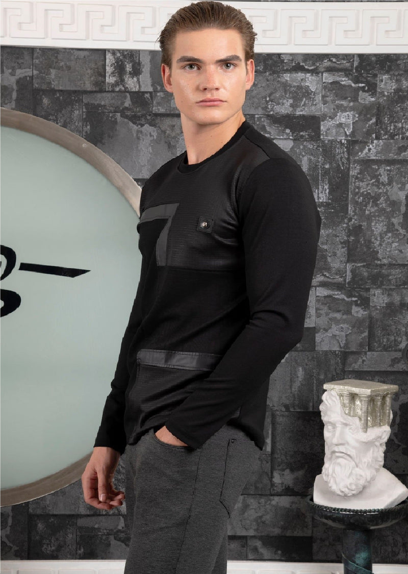 Black Pu Leather Trim Tech Tee