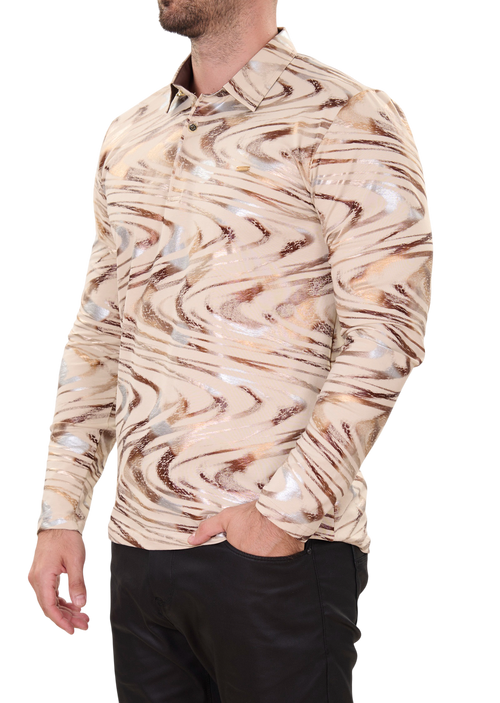 Beige Gold Swirl Shine Knit Polo