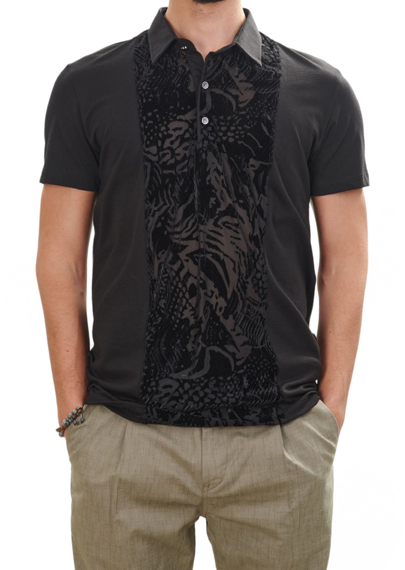 Black Partial Leopard Velvet Polo