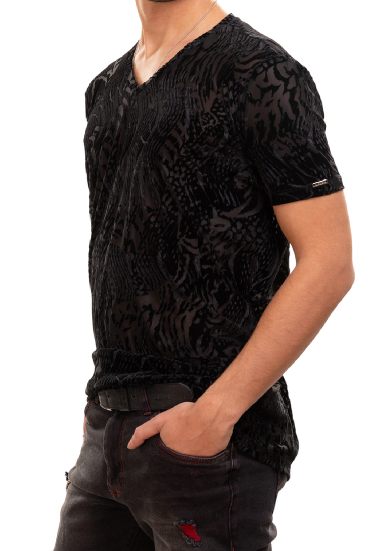 Black Leopard Velvet V-neck Tee