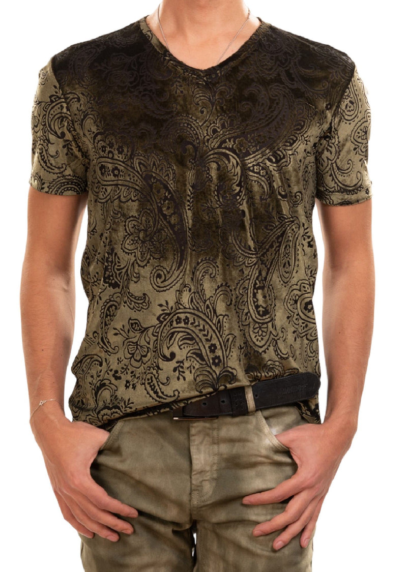 Green Paisley Velvet V-neck Tee