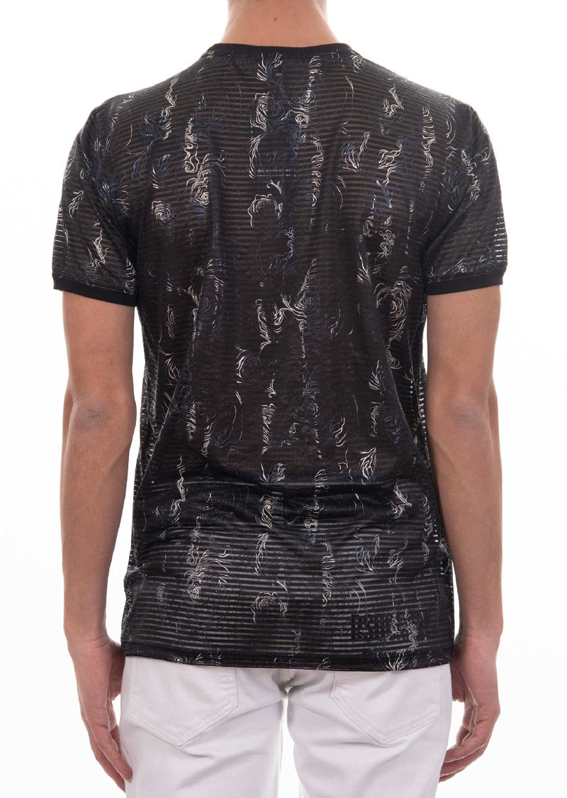 Black Silver Floral Foil Lace Tee