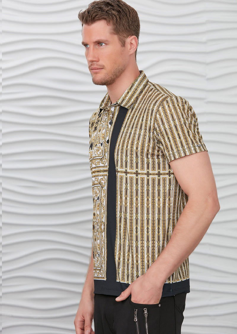 Gold Baroque Motif Print Polo